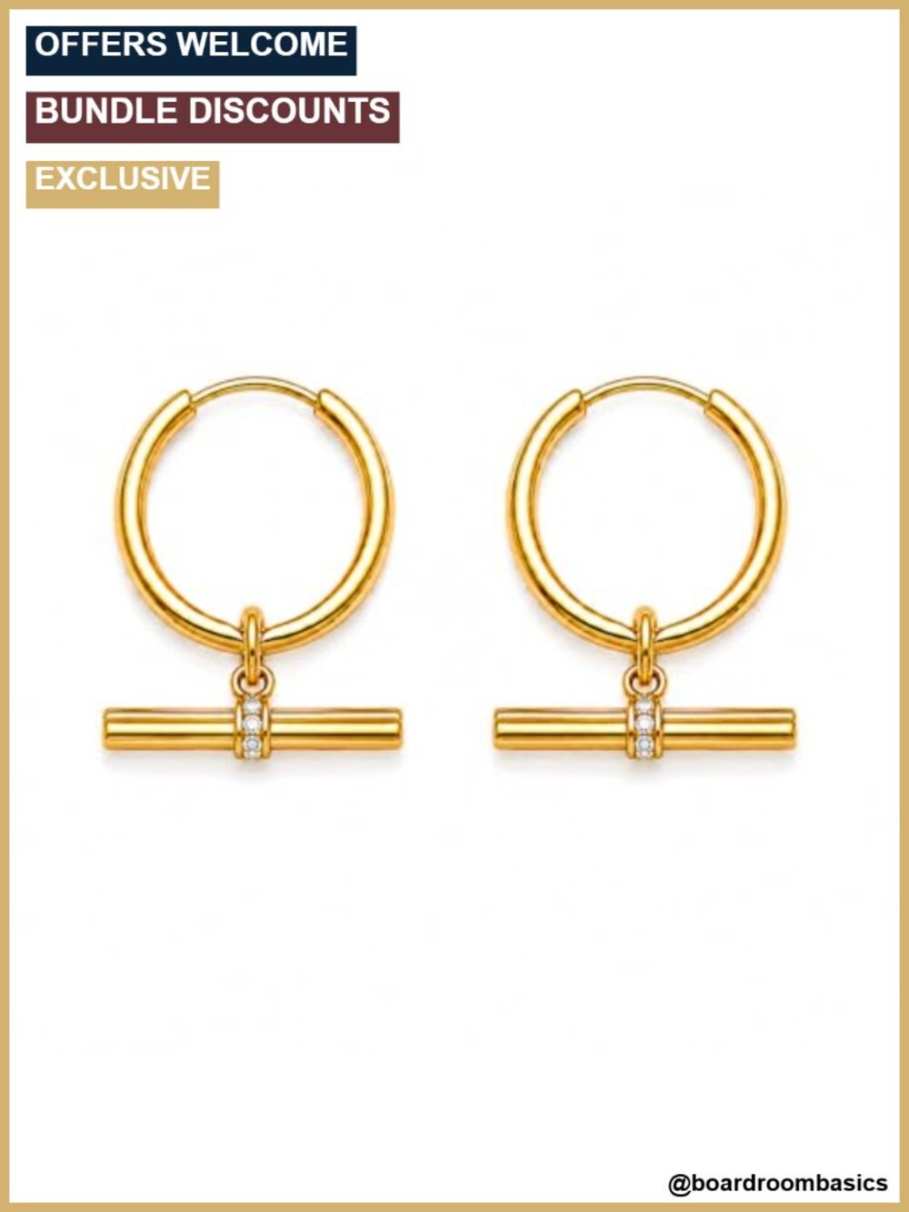 Gold Plated Stainless Steel T-Bar Dangle Earrings Waterproof Hypoallergenic